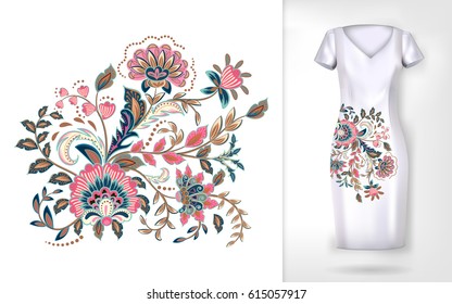 Embroidery colorful trend floral pattern. Vector traditional ornamental flowers pattern on dress mock up. Can be used in dressing clothes, textiles, household items.