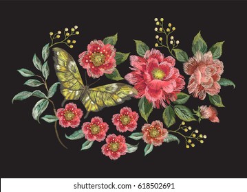 Embroidery colorful trend floral pattern with butterfly. Vector traditional folk roses and other flowers bouquet on black background for design