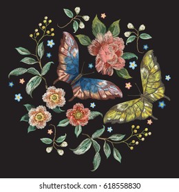 Embroidery colorful trend floral pattern with flowers and butterflies . Vector traditional folk roses and forget me not flowers bouquet on black background for design