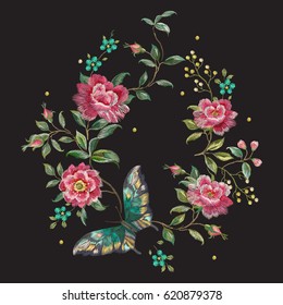 Embroidery colorful trend floral pattern with roses and  butterfly. Vector traditional folk roses and forget me not flowers bouquet on black background for design.