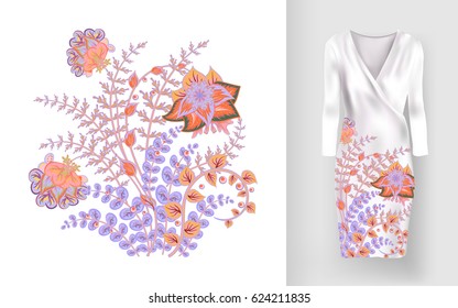 Embroidery colorful trend floral pattern. Vector traditional ornamental flowers pattern on dress mock up. Can be used in dressing clothes, textiles, household items.