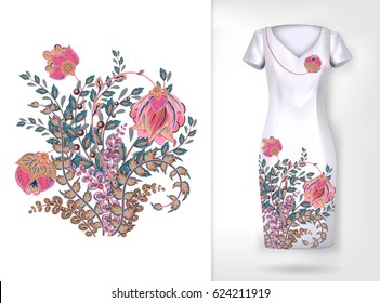 bordado padrão floral tendência colorido. Vector padrão de flores ornamentais tradicionais no vestido simular. Pode ser usado em roupas de vestir, têxteis, utensílios domésticos.