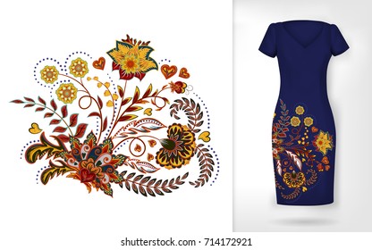 Embroidery colorful trend floral pattern. Vector traditional ornamental flowers pattern on dress mock up. Can be used in dressing clothes, textiles, household items.