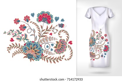 bordado padrão floral tendência colorido. Vector padrão de flores ornamentais tradicionais no vestido simular. Pode ser usado em roupas de vestir, têxteis, utensílios domésticos.