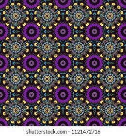 Embroidery colorful trend floral seamless pattern in purple, black and green colors. Vector traditional ornamental flower pattern on dress mockup. Can be used in dressing clothes, textiles.