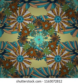Embroidery colorful trend floral seamless pattern in beige, blue and yellow colors. Vector traditional ornamental flower pattern on dress mockup. Can be used in dressing clothes, textiles.
