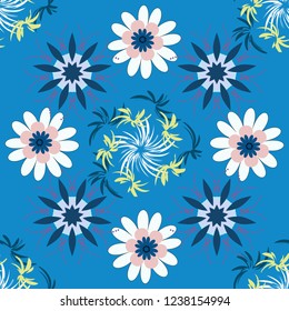 Embroidery colorful trend floral seamless pattern in blue, red and gray colors. Vector traditional ornamental flower pattern on dress mockup. Can be used in dressing clothes, textiles.