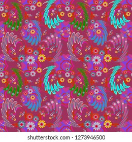 Embroidery colorful trend floral seamless pattern in purple, magenta and blue colors. Vector traditional ornamental flower pattern on dress mockup. Can be used in dressing clothes, textiles.