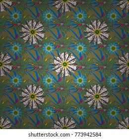 Embroidery colorful trend floral seamless pattern in blue, gray, green colors. Vector traditional ornamental flower pattern on dress mockup. Can be used in dressing clothes, textiles, household items.
