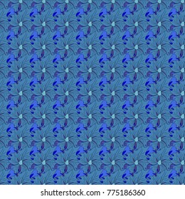 Embroidery colorful trend floral seamless pattern in violet and blue colors. Vector traditional ornamental flower pattern on dress mockup. Can be used in dressing clothes, textiles, household items.