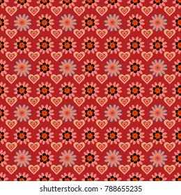 Embroidery colorful trend floral seamless pattern in red, pink and black colors. Vector traditional ornamental flower pattern on dress mockup. Can be used in dressing clothes, textiles.