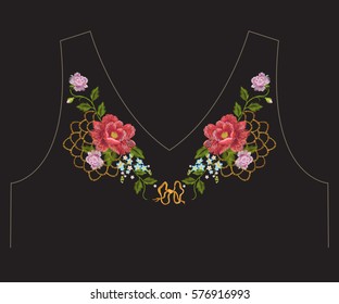 Embroidery colorful trend pattern with bumblebee. Vector folk striped bee with ring of leaves ornament on black background
