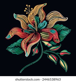 Embroidery colorful tropical exotic ethnic style flower, branch, leaves pattern. Element.Tapestry floral vector illustration with beautiful stitch textured flower. Surface embroidered grunge texture.