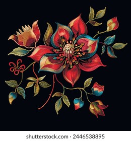 Embroidery colorful tropical exotic flowers, branches, leaves pattern. Tapestry floral vector illustration with beautiful stitch textured flower. Stitching lines surface embroidered grunge texture. 