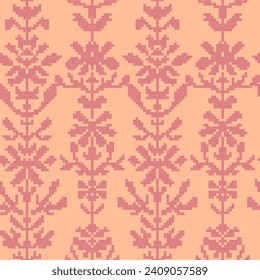 Embroidery composition with pixels, flowers and stems, branches and twigs blossom and flourishing design. Seamless pattern, pixelated wallpaper or print background. Vector in flat style illustration