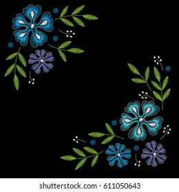 Embroidery corner floral pattern with blue flowers and leaves on black background. Vector fashion ornament