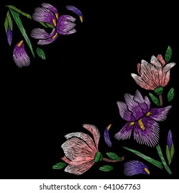 Embroidery corner floral pattern with iris and magnolia on black background. Vector fashion ornament