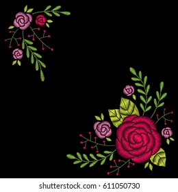 Embroidery corner floral pattern with leaves, roses and berries on black background. Vector fashion ornament