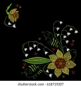 Embroidery corner floral pattern with lily of the valley and narcissus on black background. Vector fashion ornament