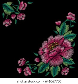 Embroidery corner floral pattern with peony on black background. Vector fashion ornament