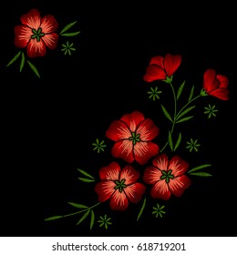 Embroidery corner floral pattern with red flowers on black background. Vector fashion ornament
