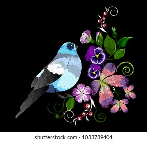 Embroidery of cornflowers, carnations, sakuras, birds, and other flowers for your design. Vector illustration.