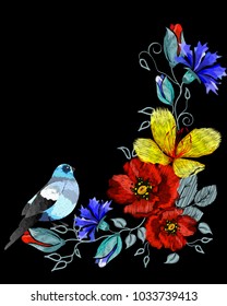 Embroidery of cornflowers, carnations, sakuras, birds, and other flowers for your design. Vector illustration.