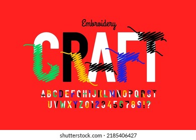 Embroidery craft font design, alphabet letters and numbers vector illustration