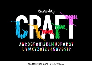 Embroidery craft font design, alphabet letters and numbers vector illustration