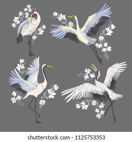 Embroidery With Crane Bird. Fashion Decoration. Design Element Vector