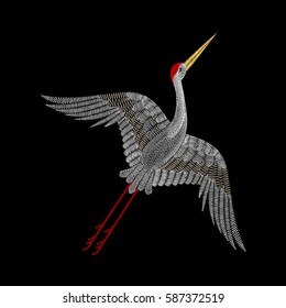 Embroidery with crane bird for neckline. Vector fashion embroidered ornament on black background for textile, fabric traditional folk decoration