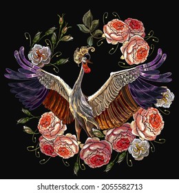 Embroidery crane bird and ring of roses flowers. Template for design of clothes, tapestry. Fashion spring garden style 