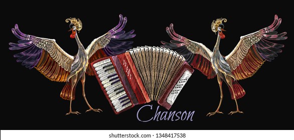 Embroidery crane birds and accordion. Template for clothes, textiles, t-shirt design. Chanson concept. Music art. Template for clothes, t-shirt design 