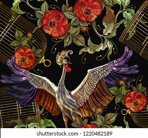 Embroidery crane birds, golden cage and roses seamless pattern. Template for clothes, textiles, t-shirt design 