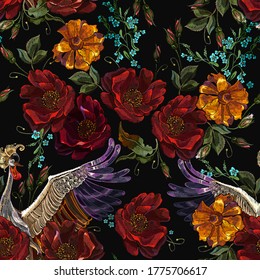 Embroidery crane birds, red roses and yellow calendula flowers. Seamless pattern. Template for clothes, textiles, t-shirt design. Japanese ethnic art 