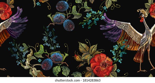 Embroidery crane birds, vine grapes and roses flowers seamless pattern. Fashion template for clothes, textiles, t-shirt design 