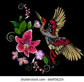 Embroidery of a crane, lilies, roses, for your neck, bags, shirts on a black background.