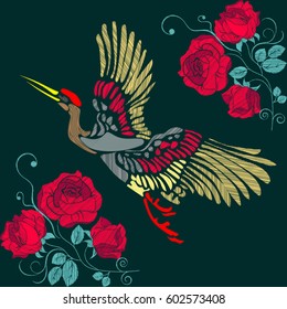Embroidery of a crane and red roses, for your neck, bags, shirts on a black background.