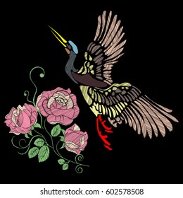 Embroidery of a crane and roses in vintage colors, for your neck, bags, shirts on a black background.