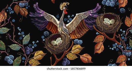 Embroidery crane, wild berries, bird and nest with eggs. Horizontal seamless pattern. Template for design of clothes, tapestry. Fashion spring garden style 