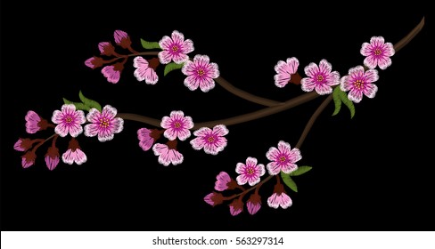 Embroidery crewel branch of cherry sakura tree March festival Hanami flowering celebrations blossoms on a black background. pink flowers. Spring in Japan. vector illustration.