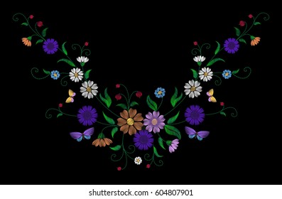 Embroidery crewel colorful floral pattern field flower butterfly. Vector traditional fashion ornament on black background. illustration rustic vintage paisley flower patch necklace