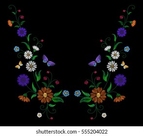 Embroidery crewel flower necklace traditional ornament decoration field rustic cornflowers daisy marigold strawberries butterfly design vector illustration vintage retro style
