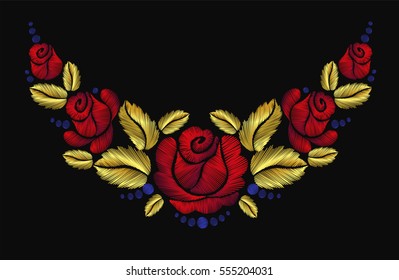 Embroidery crewel flower necklace traditional ornament decoration red roses leaves blueberry rich glowing golden gold design vector illustration vintage retro style design