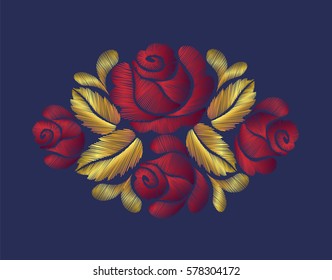Embroidery crewel flower patch traditional ornament decoration red roses leaves blueberry rich glowing golden gold design vector illustration vintage retro style design