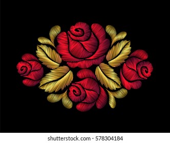 Embroidery crewel flower patch traditional ornament decoration red roses leaves blueberry rich glowing golden gold design vector illustration vintage retro style design