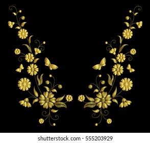 Embroidery crewel golden flower necklace traditional ornament decoration field rustic cornflowers daisy marigold strawberries butterfly design vector illustration vintage retro gold style