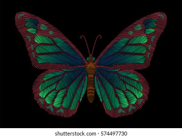 Embroidery crewel green blue glowing gradient butterfly on a black background. fashionable design. handmade. Traditional embroidered clothing decoration patch. vector illustration