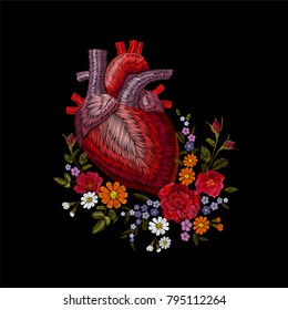 Embroidery crewel human anatomical heart medicine organ flower rose blooming. Red stitch embroidered design texture detailed patch. Fashion decoration template vector illustration
