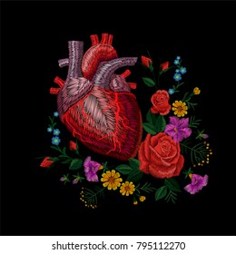 Embroidery crewel human anatomical heart medicine organ flower rose blooming. Red stitch embroidered design texture detailed patch. Fashion decoration template vector illustration